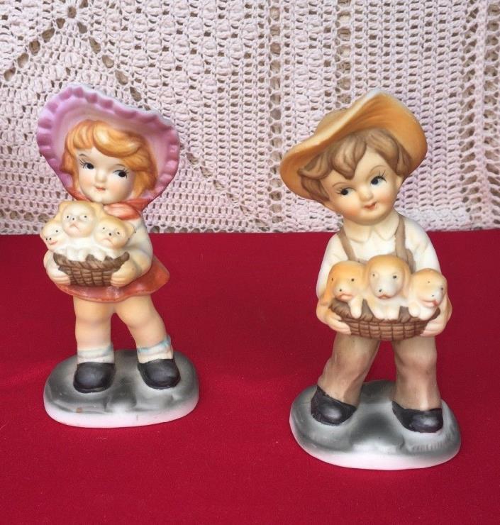 Vintage Homco Country Farm Little Girl & Cats Little Boy & Puppies Figurine SET