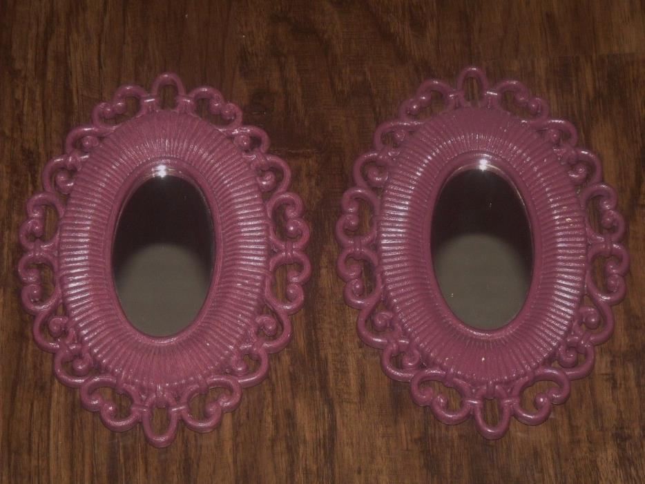 VTG HOMCO HOME INTERIOR FAUX WICKER BAMBOO WOOD OVAL MIRROR PLAQUE SET MAUVE 9.5