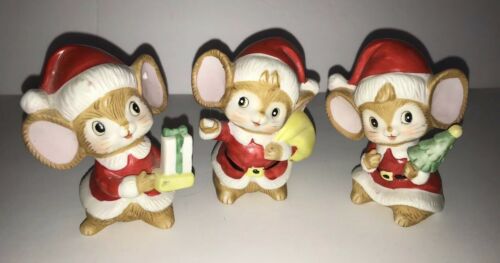 Set of 3 Vintage Homco Ceramic Christmas Santa Elf Elves Mice 5405 figurine