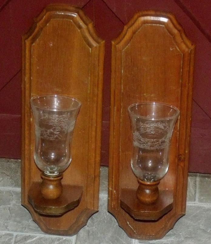 VTG HOME INTERIOR CHRISTMAS ETCHED GLASS SLEIGH RIDE CANDLE SCONCE WOOD WALL SET