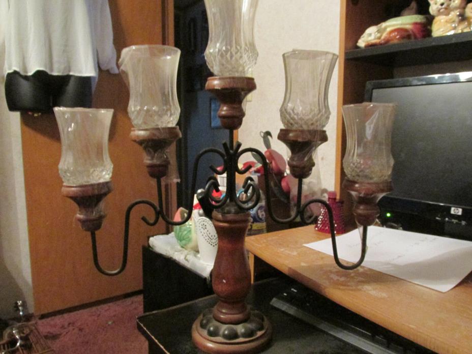 Vintage Home Interiors HOMCO 5 Arm Wood Metal Candelabra Glass Candle Holder