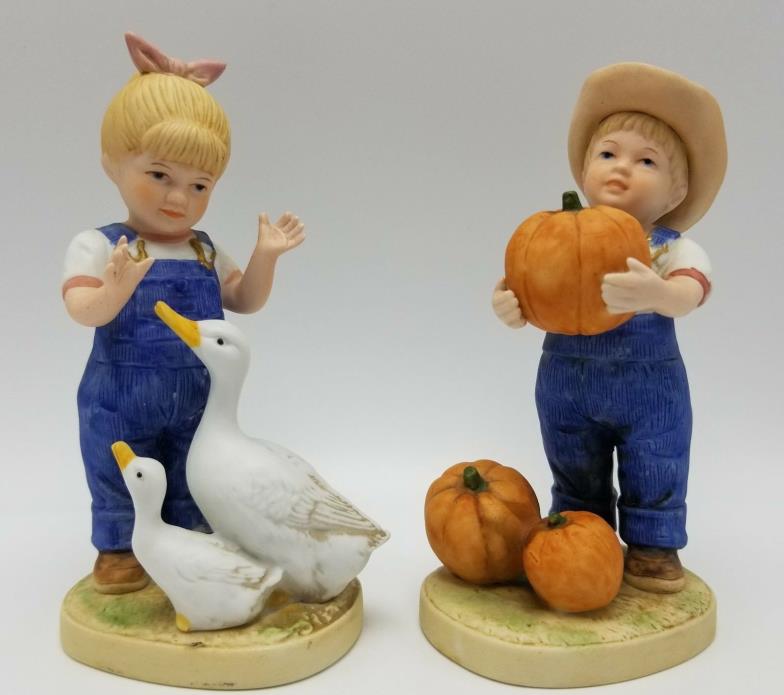 HOMCO Denim Days Debbie Danny Figurines 1502 Fall Pumpkins and Goose 1985