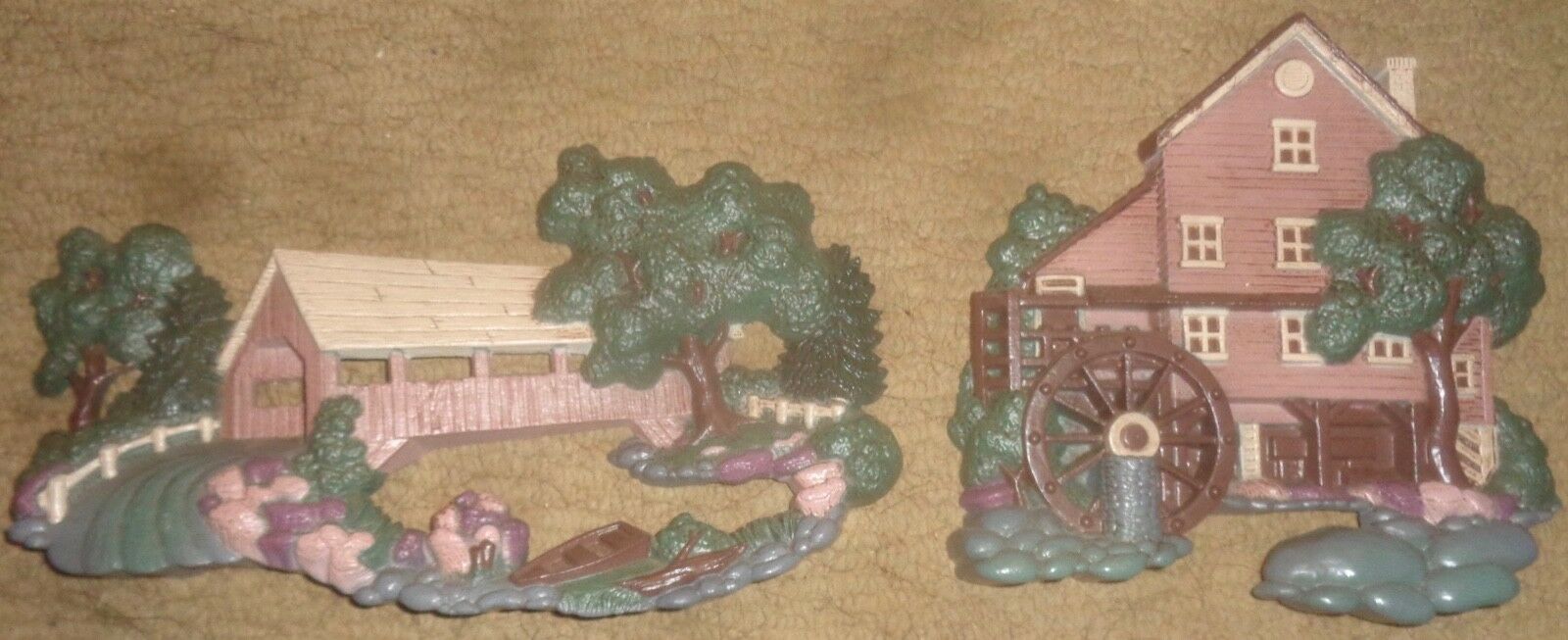 2 Vintage 1998 Home Interiors Water Wheel Covered Bridge Wall Plaques #3276