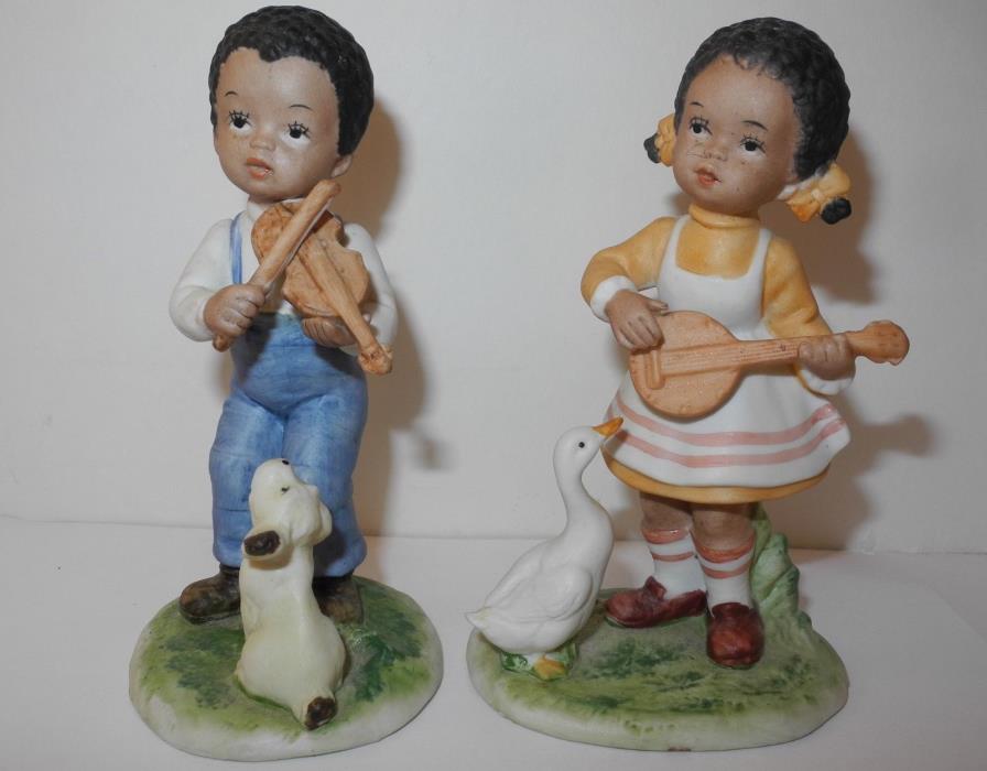 African American Figurines Boy Girl Dog Duck Banjo Fiddle Home Interiors Homco