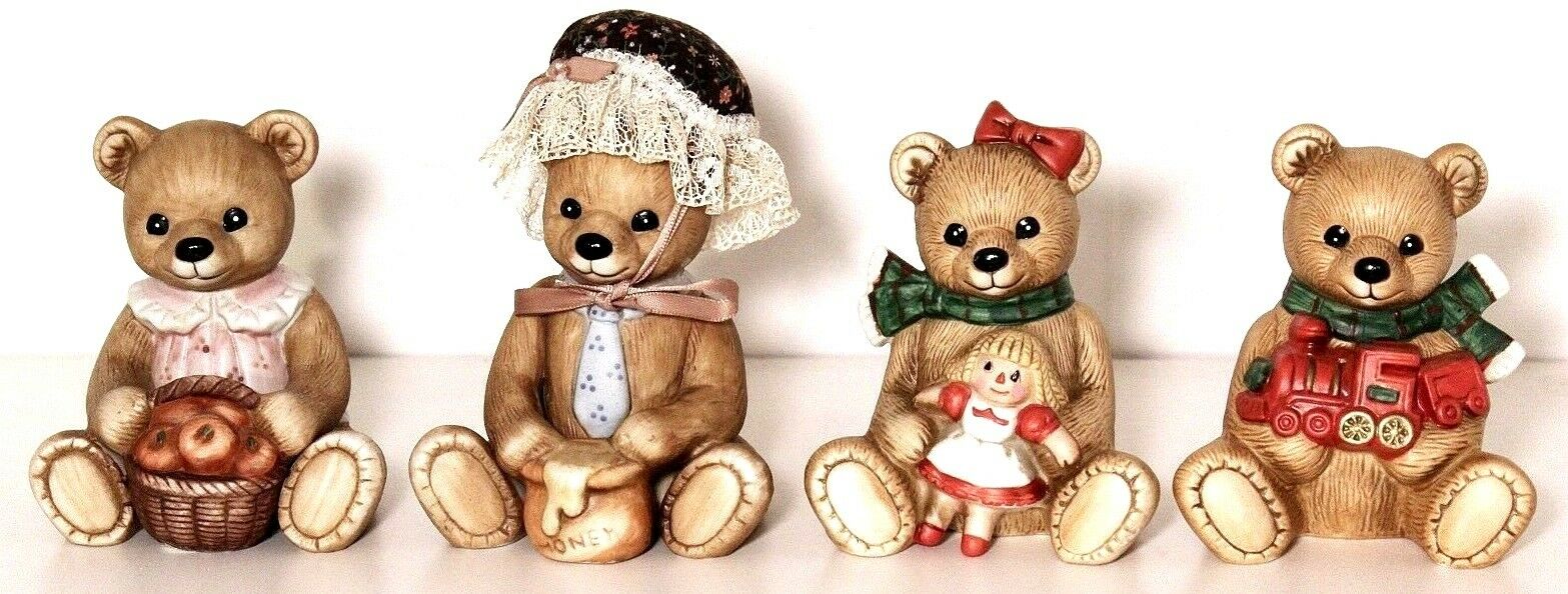 Honey Bears Set of 4 Vintage Homco Hand Painted Porcelain Christmas Bears