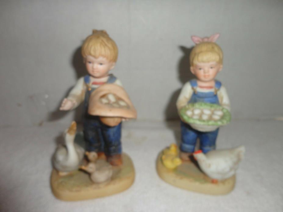 SET OF 2 Vintage 1985 Homco Denim Days Figurine 'GATHERING EGGS