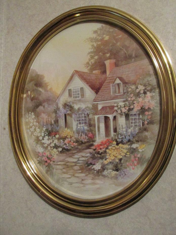 Vintage Home Interiors Oval Wall Picture Cottage & Flowers