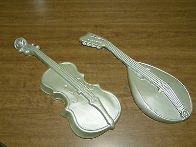 Vintage Metal Wall Decor Mandolin and Violin Fiddle Refinished in Gold Art Deco