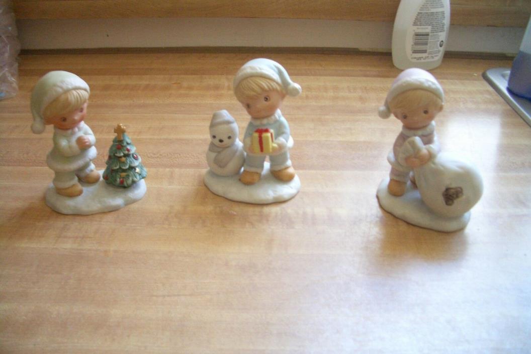 VTG Homco Set 3 Children Figurines 5613 Snowman / Christmas Tree / Bag of Toys