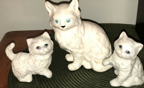 Lot Of 3 HOMCO White Persian Kitty Cats With Blue Eyes Figurines