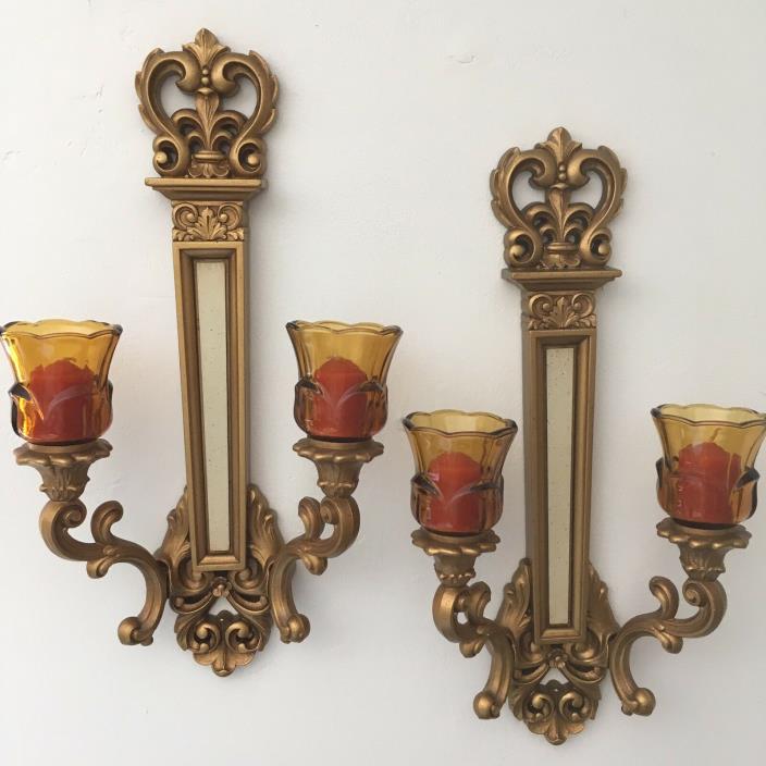 Set Syroco Wall Sconces Votive Glass Candle Holders Gold 4081 Homco Vintage 1969