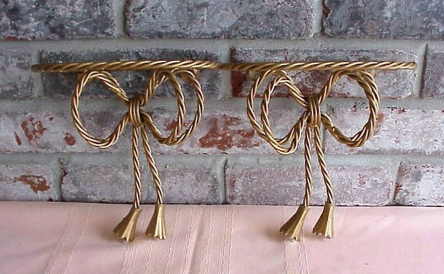 Vintage Home Interiors Twisted Rope Wall Shelves (2) Bow Tassels Metal Gold Tone