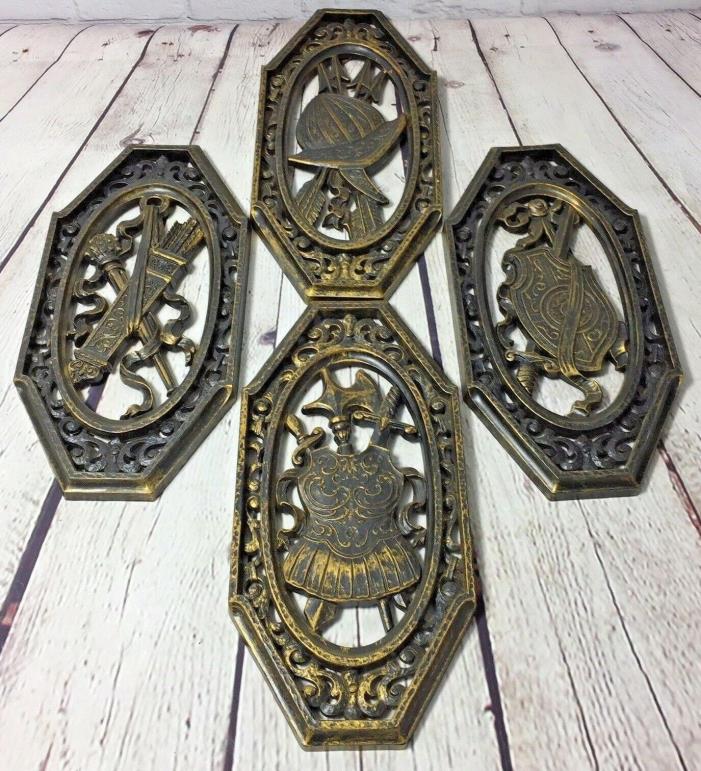 4 Vintage 1974 Homco Medieval Armor Spanish Weapons Coat of Arms Wall Plaques