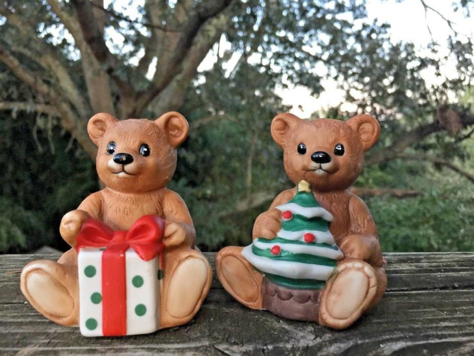 Vintage Homco HOME INTERIOR Teddy Bear Christmas Tree & Present SET 2 Rare ??J8