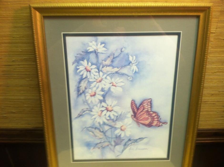 Home Interior Picture Framed Floral Daisy Butterfly Art Print Signed A Freeman