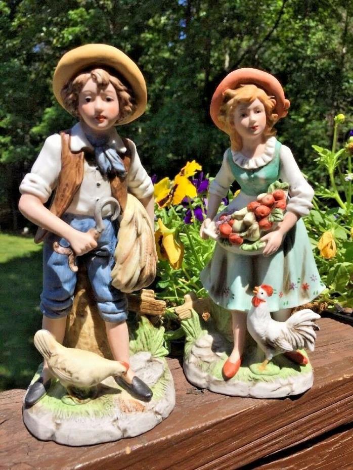 ANTIQUE Vintage HOME INTERIORS Homco BOY & GIRL SET Farm Rooster & Hen Figurines