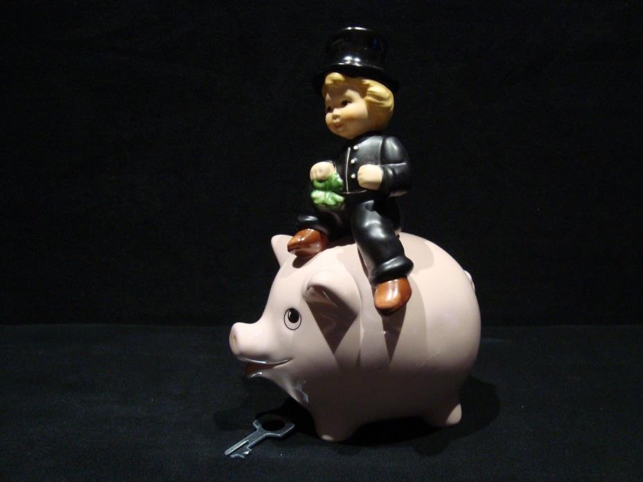 New Vintage Goebel Boy with Shamrock Riding Pig Piggy Bank with Key 10-607-01-8