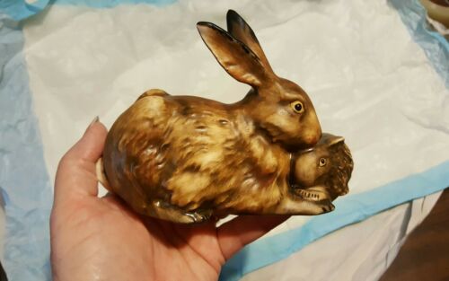 Vintage 1975 Goebel Brown Bunny Rabbit Mother & Baby Figurine Germany #34-301