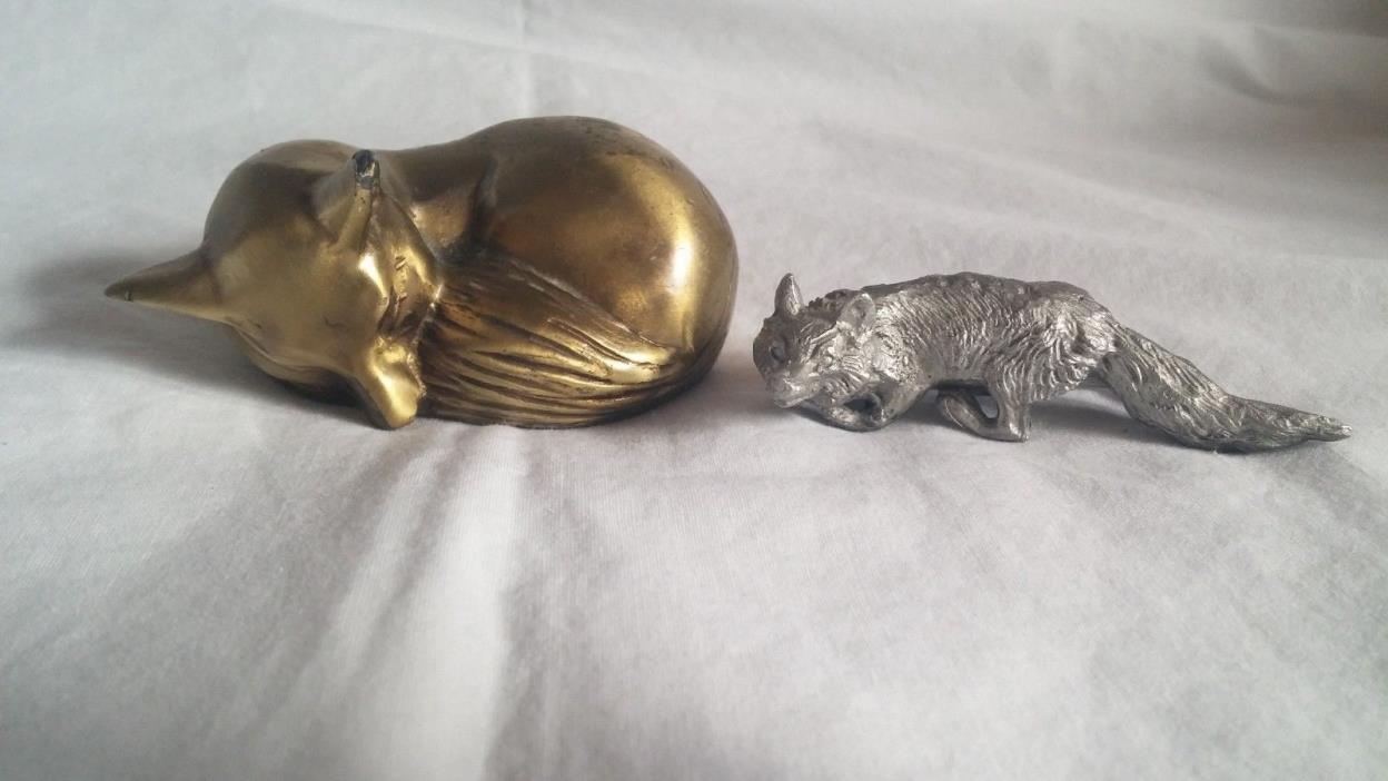 Fox Figurines Set of 2 Pewter 3 Inch Fox & Bronze Sleeping Fox Wildlife
