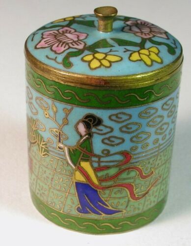 Vtg Cloisonné Enamel Brass Blue Round Cylinder 2” Tall Trinket Lidded Box Asian
