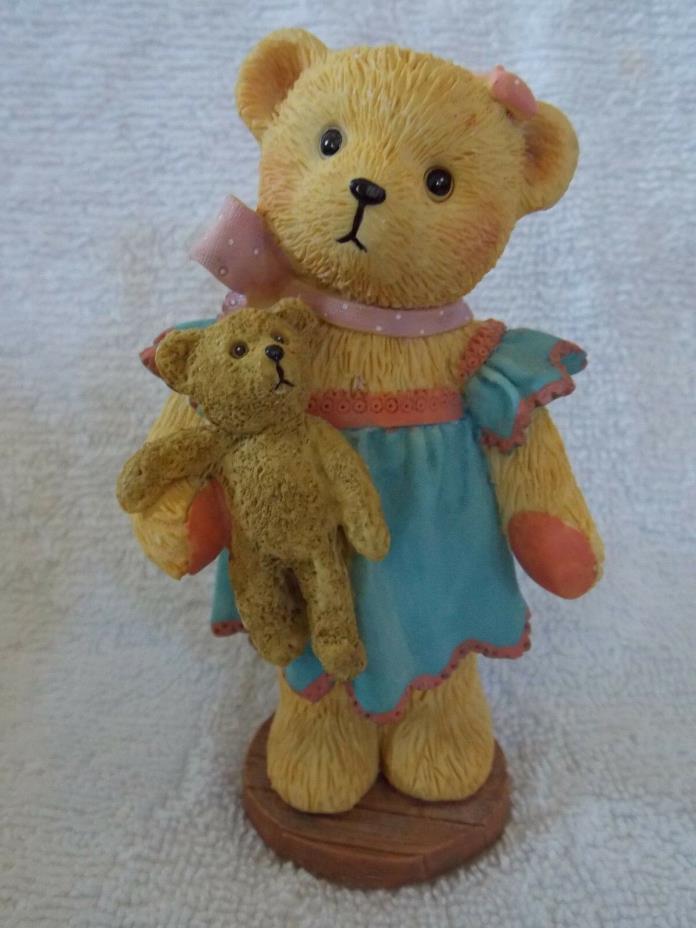 Girl Bear Blue & Pink Dress Holding Bear Doll Figurine