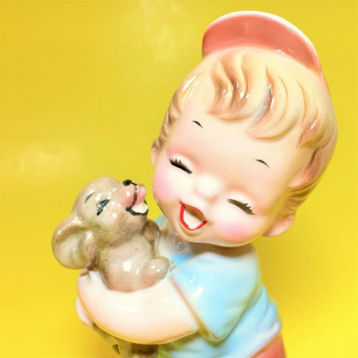 Vintage Josef Originals Figurine Little Pet Puppy Dog Kiss Happy Boy Kid Flower