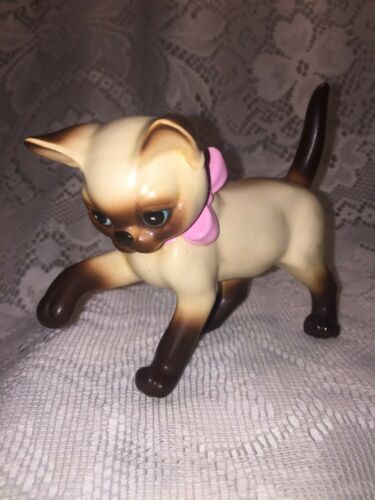 Josef Originals Siamese Kitty Cat Figurine With Painted Pink Bow