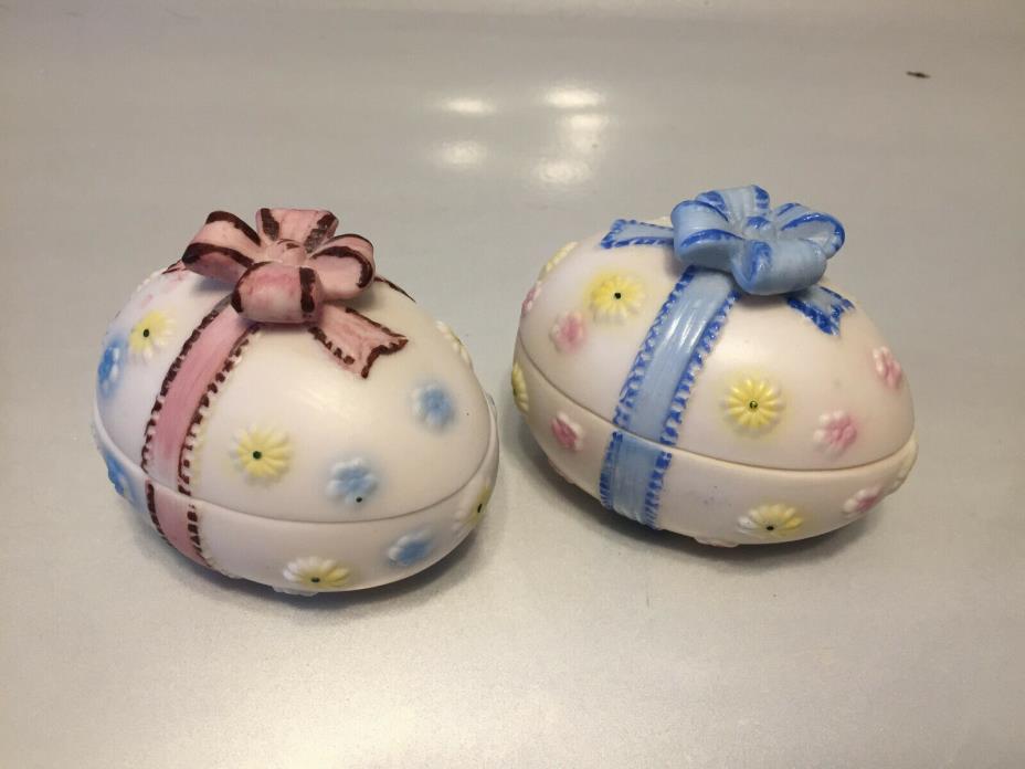 Two Lefton 4473 Covered Eggs With Bow and Flowers