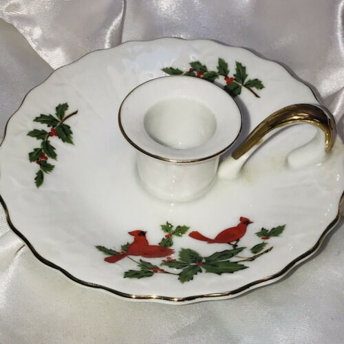 Vintage Lefton Cardinal And Holly Porcelain Christmas Round Candle Holder 4554