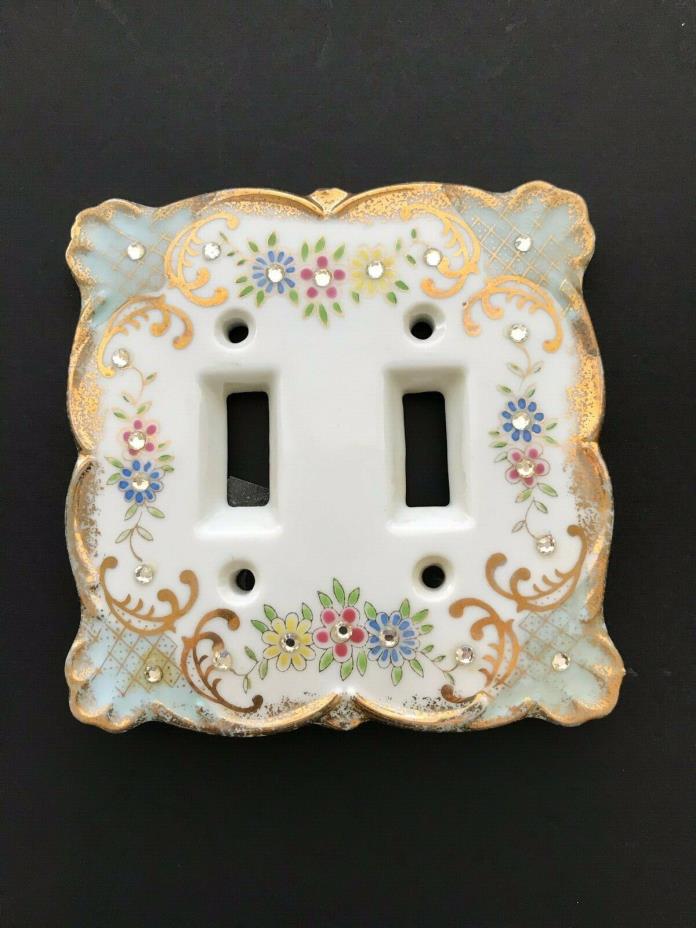 Lefton Vintage light switch plate cover painted floral rhinestones
