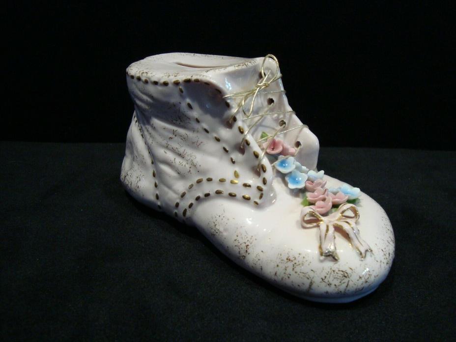 RARE Vintage Japan Porcelain Pink Shoe Bank with 3D Flowers Gold Trim Figurine