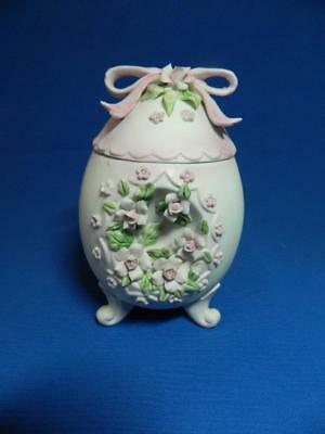 Lefton Vintage Easter Egg 3 Leg Lidded Box Porcelain Pink Bow Flowers ~ MINT