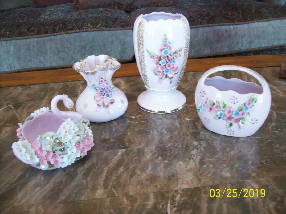 Lefton & Ucagco Vtg Porcelain Pink Applied Floral Gold Highlights 3 Vases & Swan