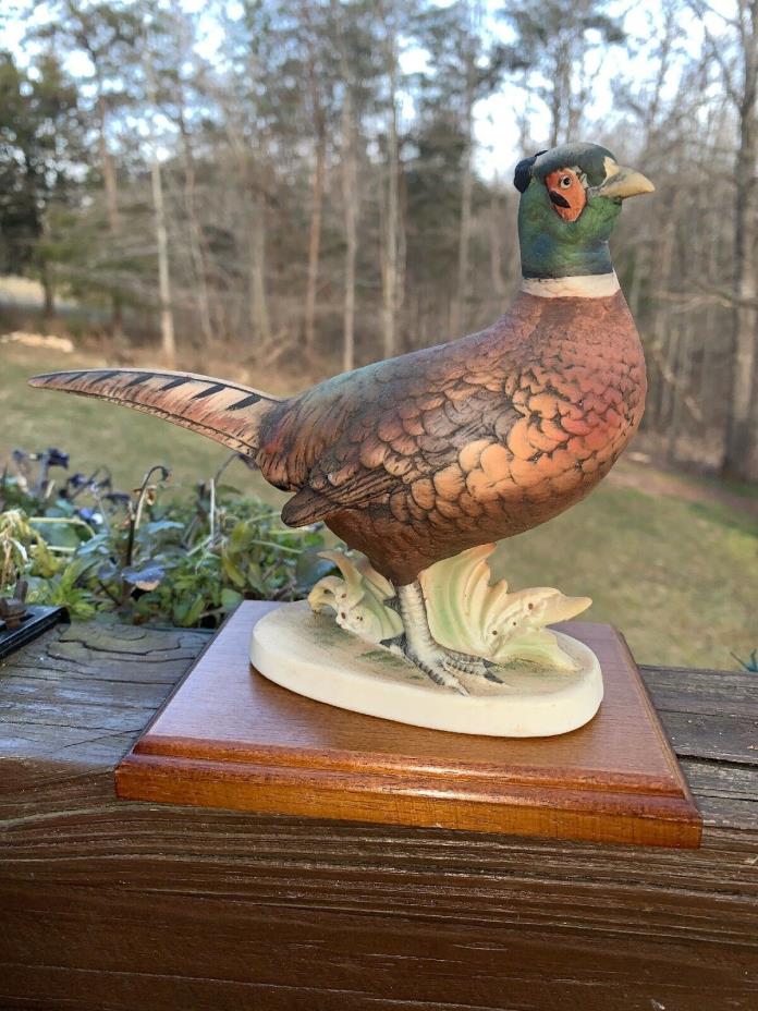 Lefton Vintage Bisque Porcelain RING TAILED PHEASANT & Wood Stand Statue 6.5 X 8