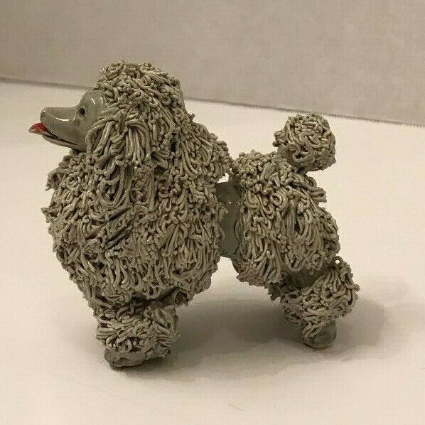 Vintage ceramic spaghetti poodle, grey with red tongue, Lefton?