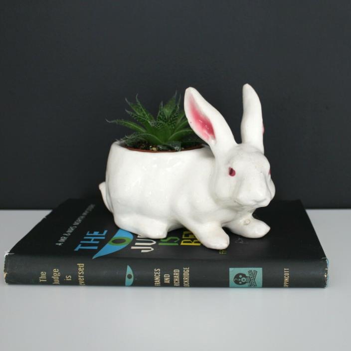 Vintage Easter Bunny Rabbit Planter Vase Pink Ears Succulent Holder Animal Cream