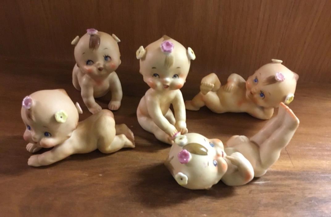 SET OF 5~~RARE HARD TO FIND VINTAGE MIJ KEWPIE FIGURINES WITH FLOWERS IN HAIR