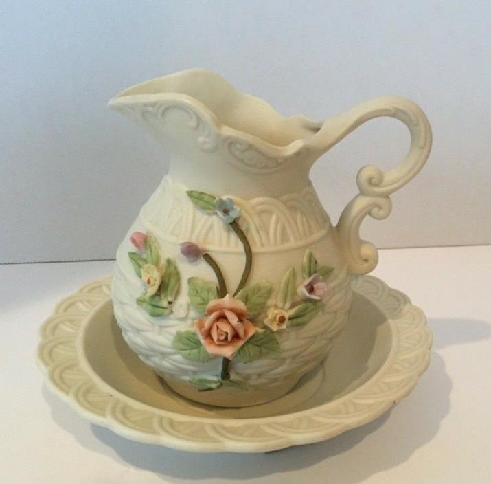 Vintage Lefton Antique Ivory Hand Painted Pitcher and Bowl Made in Japan