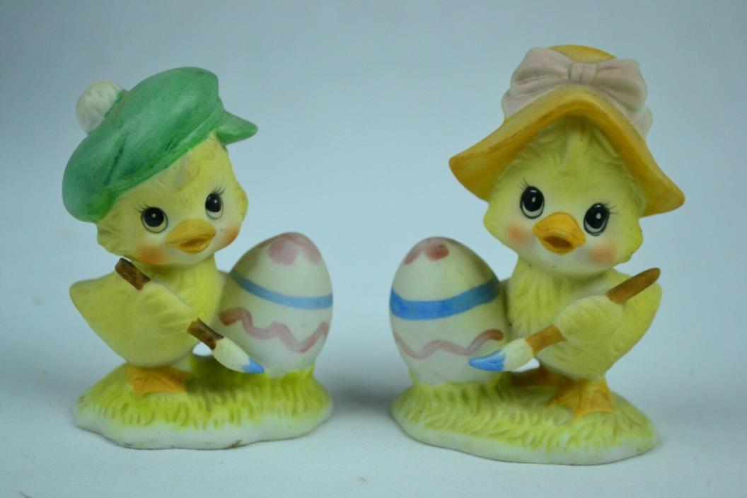 Vintage Pair of Lefton China Hand Painted Easter Chicks Painting Eggs