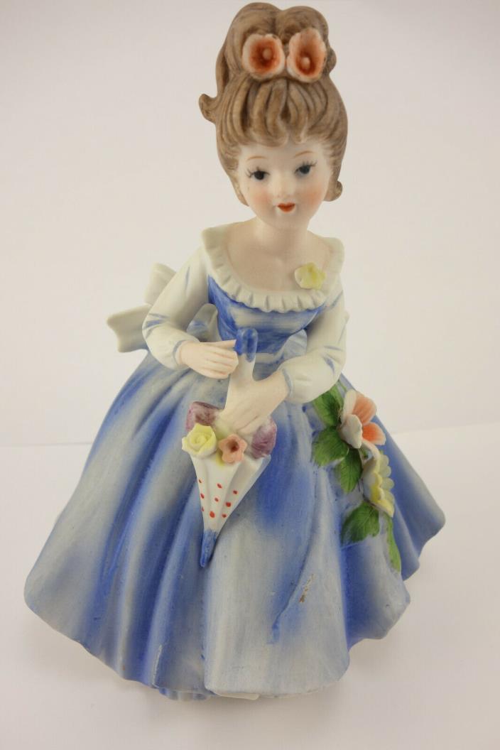 Vintage ceramic Lefton or Napcoware Lady With Parasol Figurine Flowers