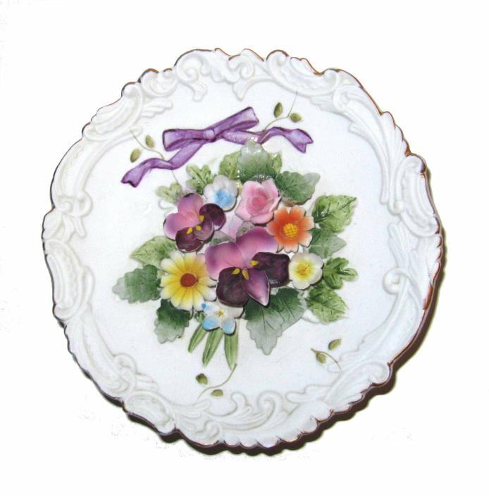 Lefton plate wall hanging decorative applied flowers 3D pink blue yellow 6