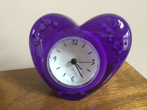 Clear Purple Acrylic Heart Shaped Tabletop Clock ~ 5.5”x 5”x 1.5” ~ Nice