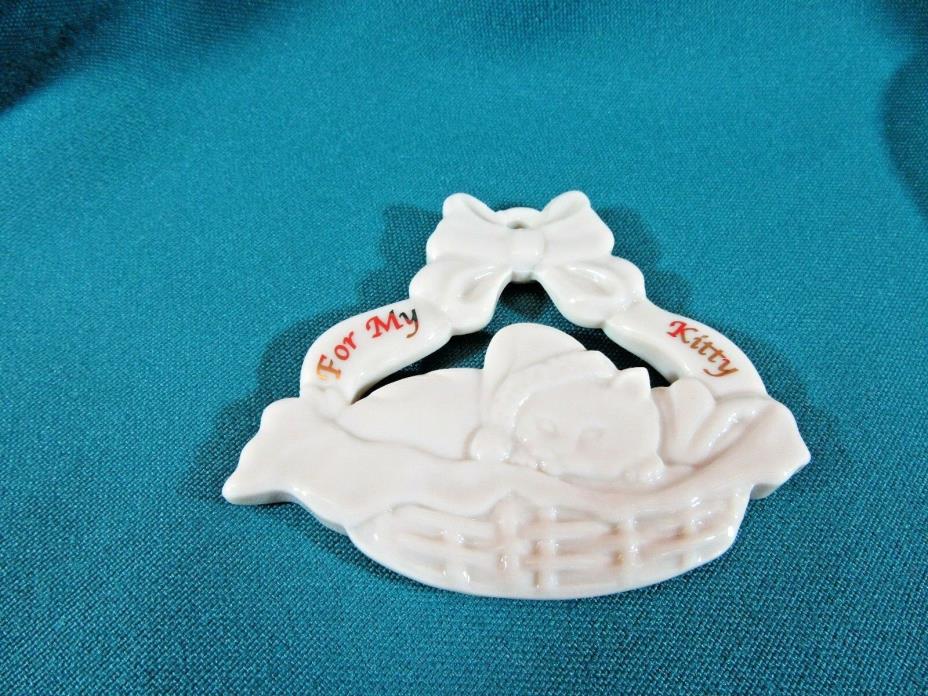 388. Lenox For My Kitty Porcelain Christmas Ornament  - Cat in Basket with Bow