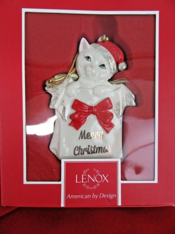 386.  Lenox Kitty Merry Christmas Ornament  Cat in Package Red Bow & Hat