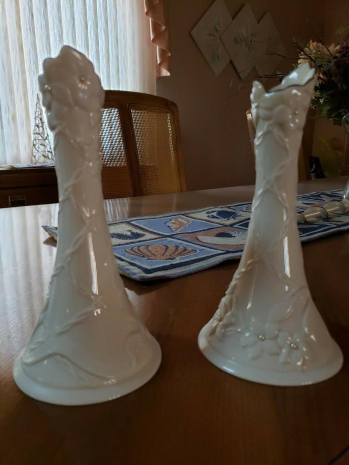 PAIR OF LENOX PORCELAIN CANDLESTICKS CHERISHED BY LENOX CREAM WITH PEARLS *RARE*