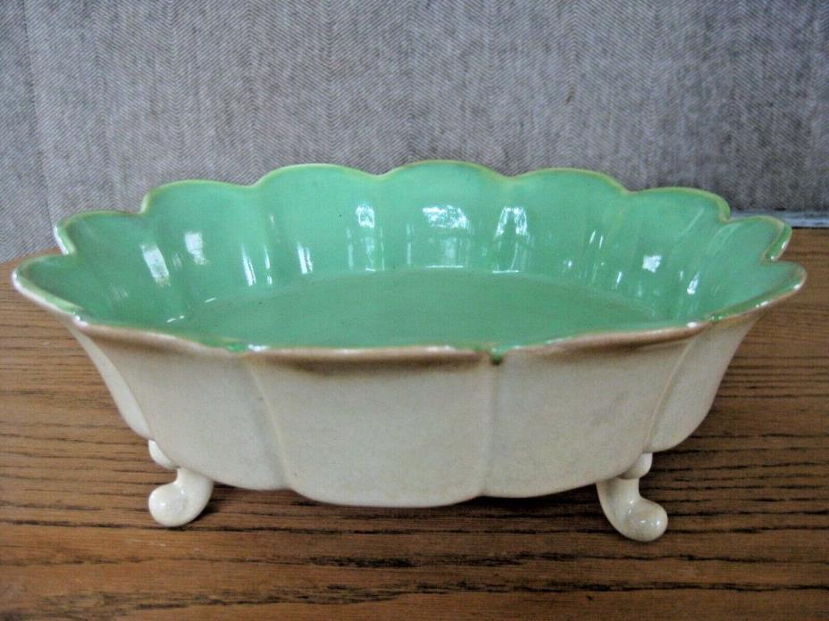 Signed Cowan Pottery April Green Special Ivory Scalloped Footed Floriform Bowl
