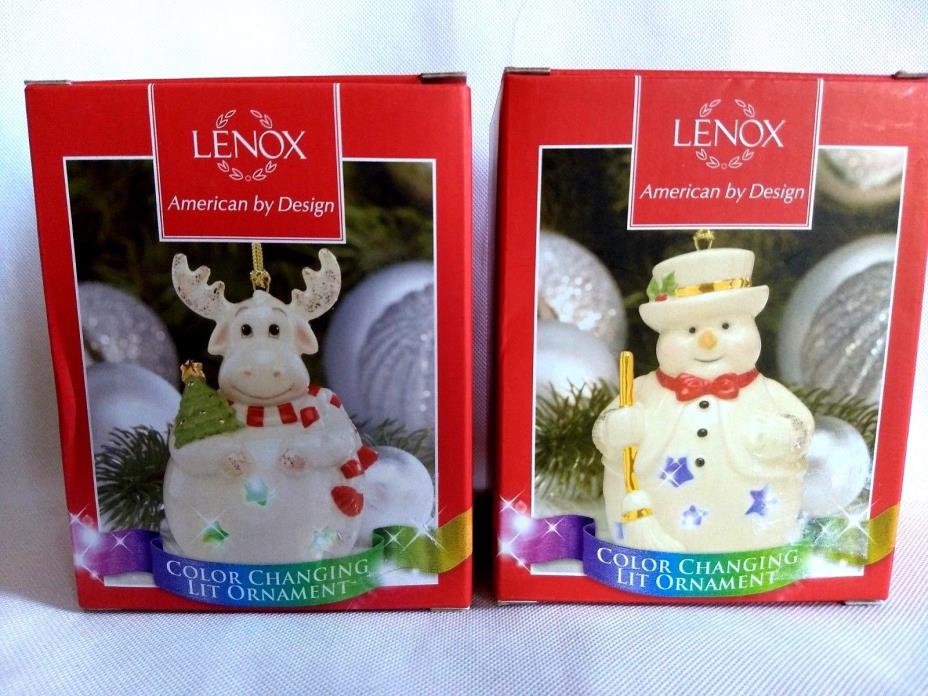 NEW Lenox Christmas Ornaments Color Changing Lit Set of 2 Moose and Snowman