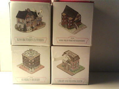 4 MINT UNUSED LIBERTY FALLS MINIATURES - CLOTHIER - BREWERY - SCHOOL - LIBRARY