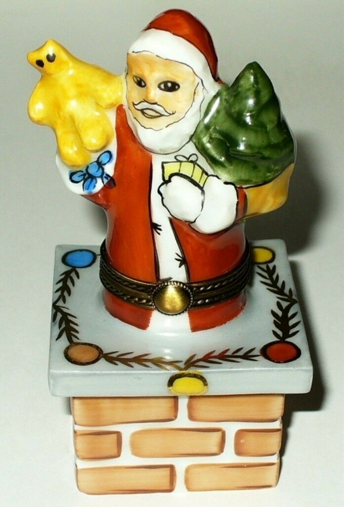 LIMOGES BOX ~ SANTA CLAUS IN  BRICK CHIMNEY ~ CHRISTMAS TREE & TOYS ~ PEINT MAIN