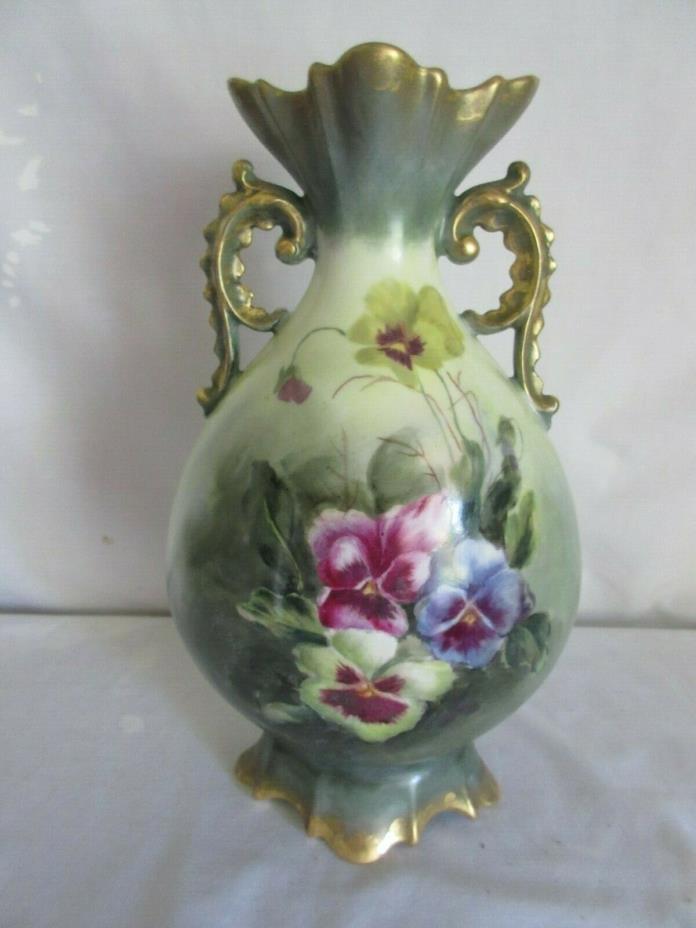 GORGEOUS FRANCE M R LIMOGES HAND PAINTED FLORAL PANSIES TWO HANDLES VASE 10.5